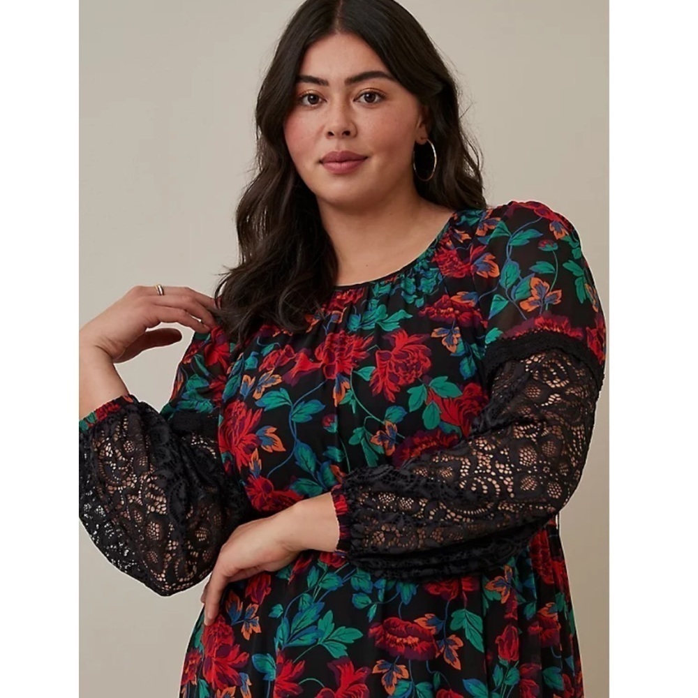Torrid 3 MAXI PEASANT DRESS - CHIFFON FLORAL BLACK - Picture 5 of 11